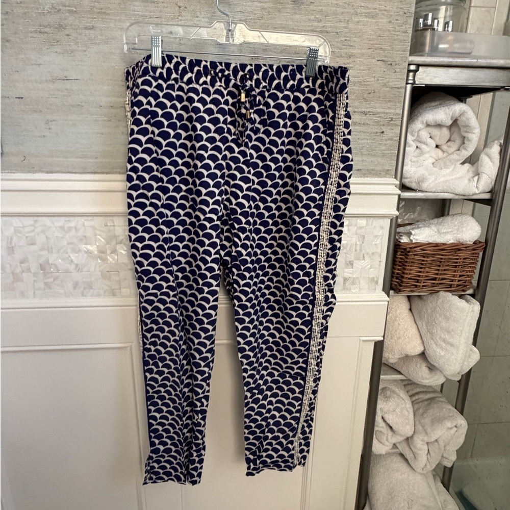 LP large petite Anthropologie beaded jogger pants lightweight blue white scallop - Picture 3 of 12